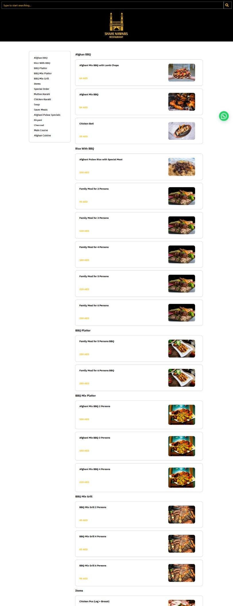Shahi Nawab Restaurant website screenshot